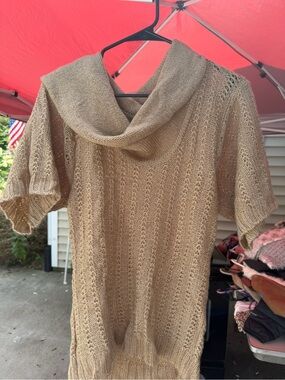 Sweater Project Tan Cowl Neck Short-Sleeve Knit Sweater